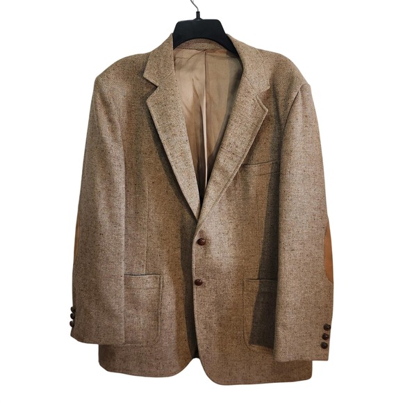 Mens Tweed Blazer Sport Coat Elbow Patches Brown Tan Herringbone 44R Vintage 80s